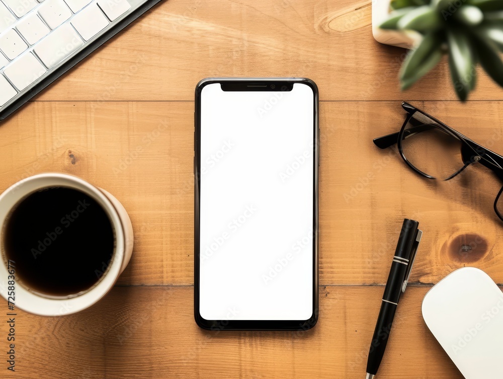 A modern smartphone lying on a wooden desk, surrounded by office supplies, with a clean white screen A modern smartphone lying on a wooden desk, surrounded by office supplies, with a clean white screen