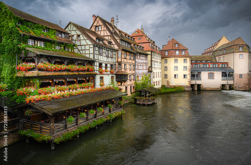 Half-timbered houses and a former ice factory (in the background) in the old part of Strasbourge. View from the Saint-Martin Bridge