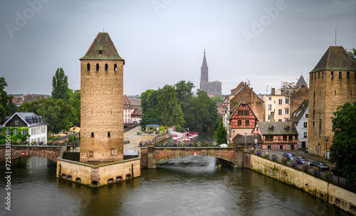 View on the Ponts Couverts (Covered Bridges) set with towers in the district Petite France in Strasbourg