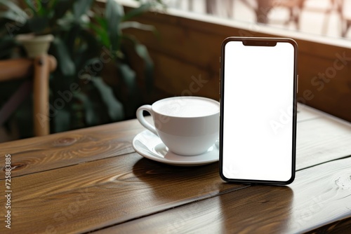 A phone on a cafÃ© table next to a cup of coffee, with its white screen contrasting the warm, rustic surroundings