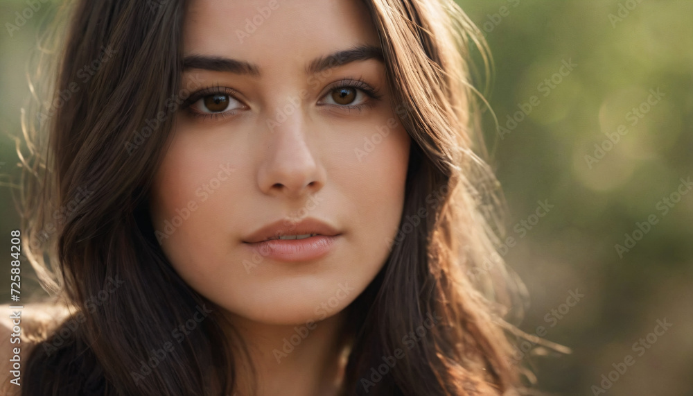 Young Brunette with Clear Skin, Long Straight Hair, and Deep Brown Eyes - Professional Portrait in Sunny Environment Young Brunette with Clear Skin, Long Straight Hair, and Deep Brown Eyes - Professional Portrait in Sunny Environment