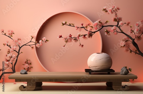 Premium white and pink round Podium Stand. High quality illustration. Generative Al