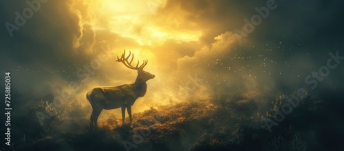 Epic deer animal fantasy in dramatic background. AI generated image