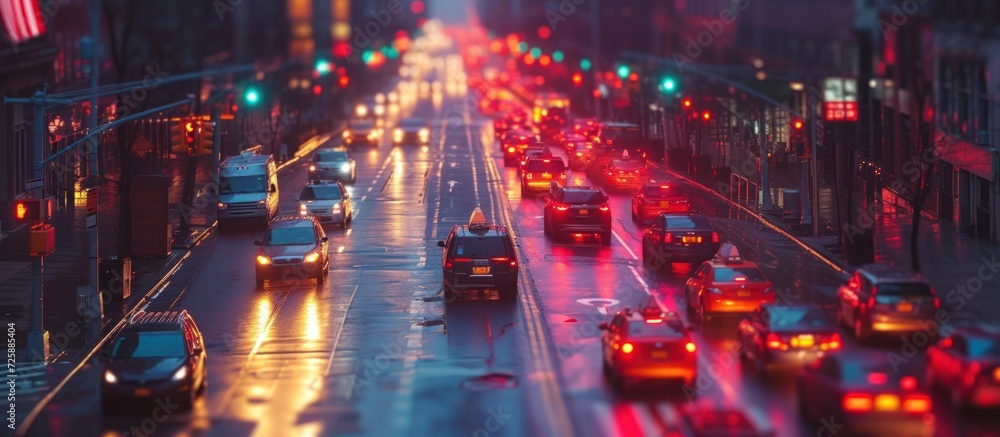 Evening city lights illuminated life with Cars on street. AI generated image