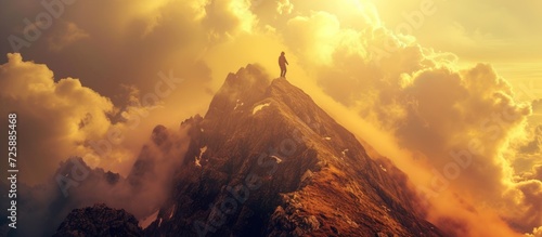 Spirit a young man climbing up a peak of mountain.AI generated image photo