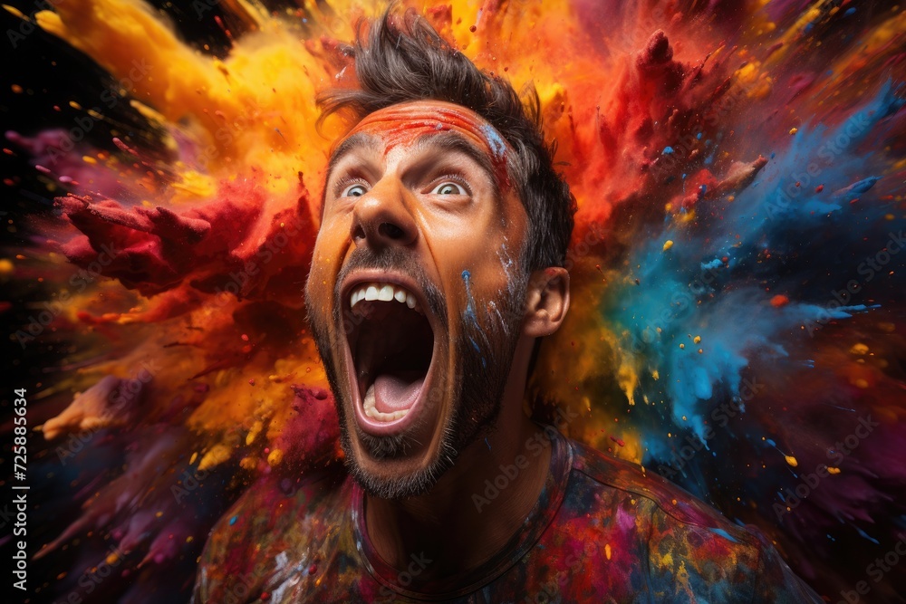 A vibrant image of a man screaming with his mouth wide open, surrounded by colorful splatters