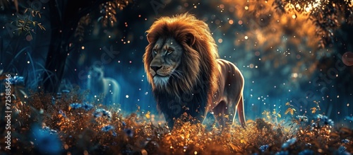 3d rendering a wild Lion on the night forest isolated abstract dramatic background. AI generated photo
