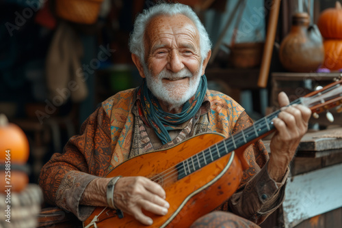An image of an older gentleman enthusiastically learning a new musical instrument, illustrating the pursuit of lifelong passions and the joy of self-expression through music. Generative Ai.