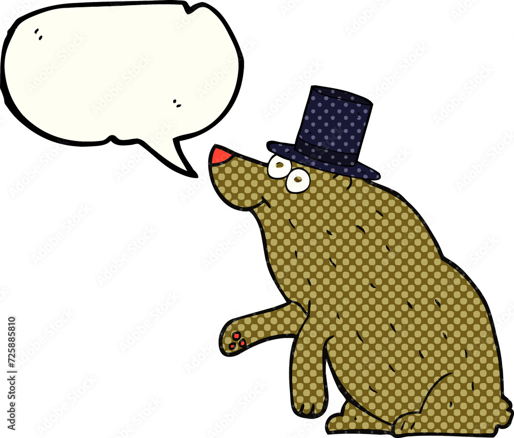 Obraz premium comic book speech bubble cartoon bear in top hat