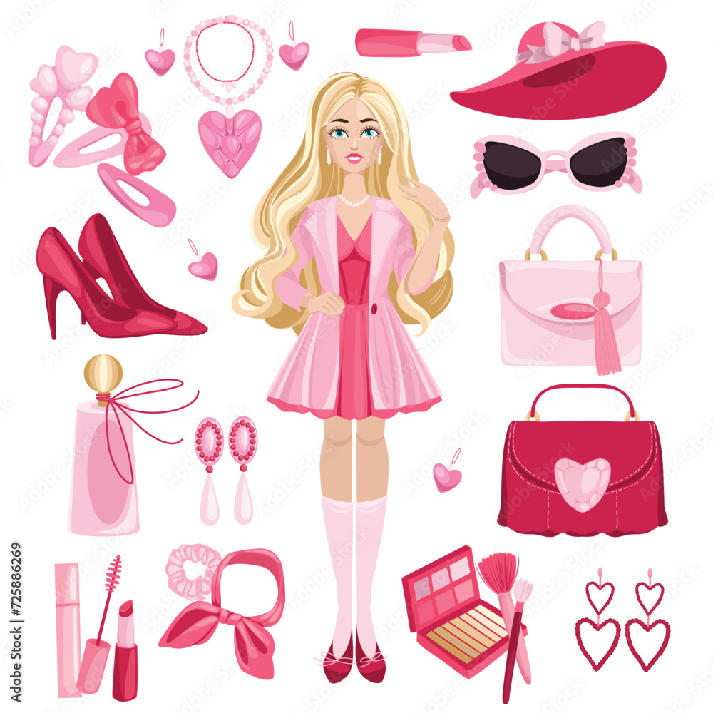 Pink fashion doll set. Pink trendy set, pink doll aesthetic accessories and clothing. High-heels, bags, earrings, glasses, hair accessories. Hand drawn set. Vector illustration Pink fashion doll set. Pink trendy set, pink doll aesthetic accessories and clothing. High-heels, bags, earrings, glasses, hair accessories. Hand drawn set. Vector illustration