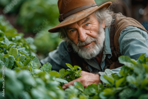 A shot of an older man participating in a community gardening project, highlighting the therapeutic and fulfilling aspects of nurturing plants and contributing to green spaces. Generative Ai.