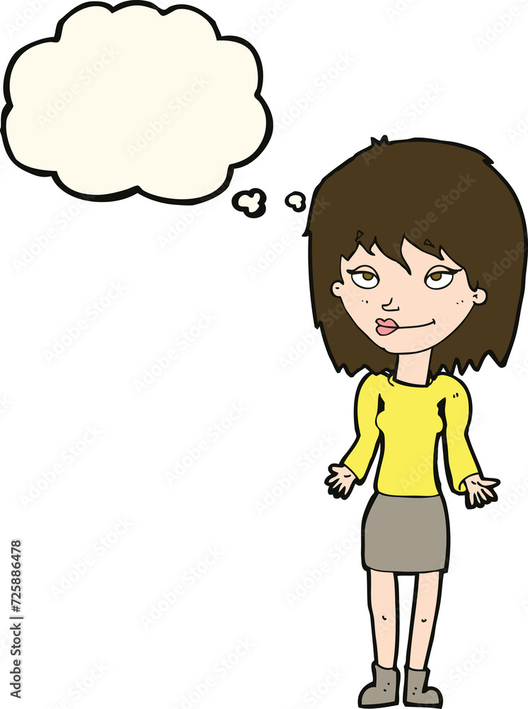 cartoon woman shrugging shoulders with thought bubble cartoon woman shrugging shoulders with thought bubble