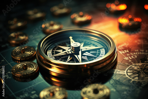 A vector image of a compass pointing towards various financial goals, symbolizing the importance of direction and strategy in wealth management. Generative Ai.