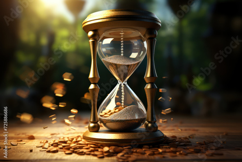 A stylized hourglass with coins instead of sand particles, portraying the essence of time-sensitive financial decisions and the impact of timely investments. Generative Ai. © Sebastian
