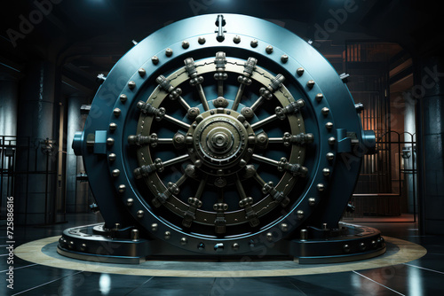 An artistic representation of a secure bank vault with a shield, conveying the concept of robust security measures in banking systems. Generative Ai.