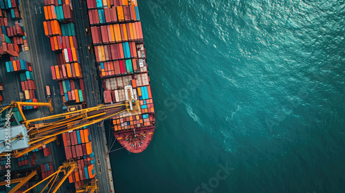 An aerial view shows the complex structure of a seaport with neatly stacked colorful containers, massive cranes and a loading cargo ship	
 photo