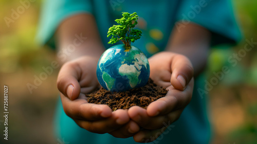 Manos de un niño sosteniendo un pequeño planeta tierra del que nace un árbol como símbolo de la lucha contra el cambio climático 