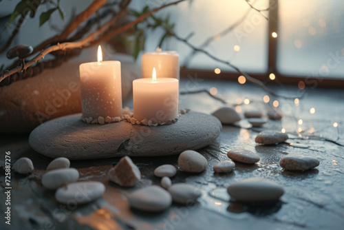 Meditation space in scandinavian style, lit candles and pebbles