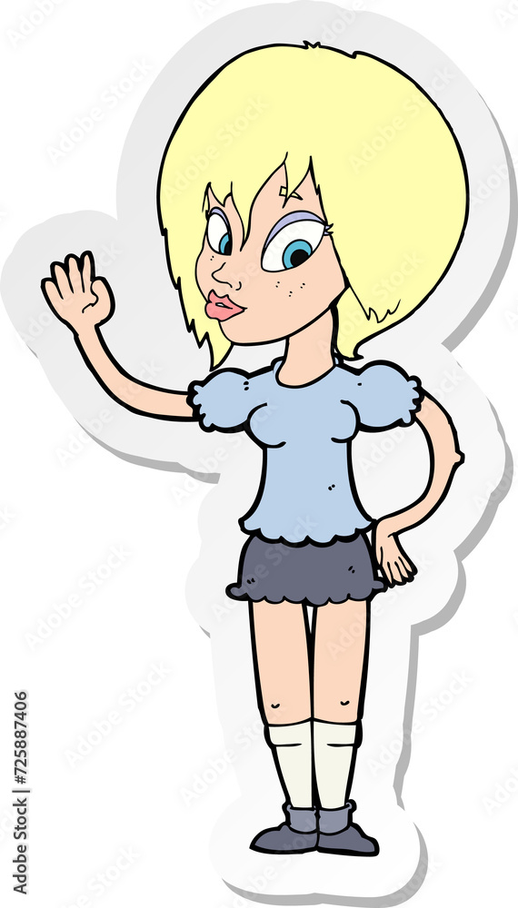 sticker of a cartoon pretty woman waving sticker of a cartoon pretty woman waving