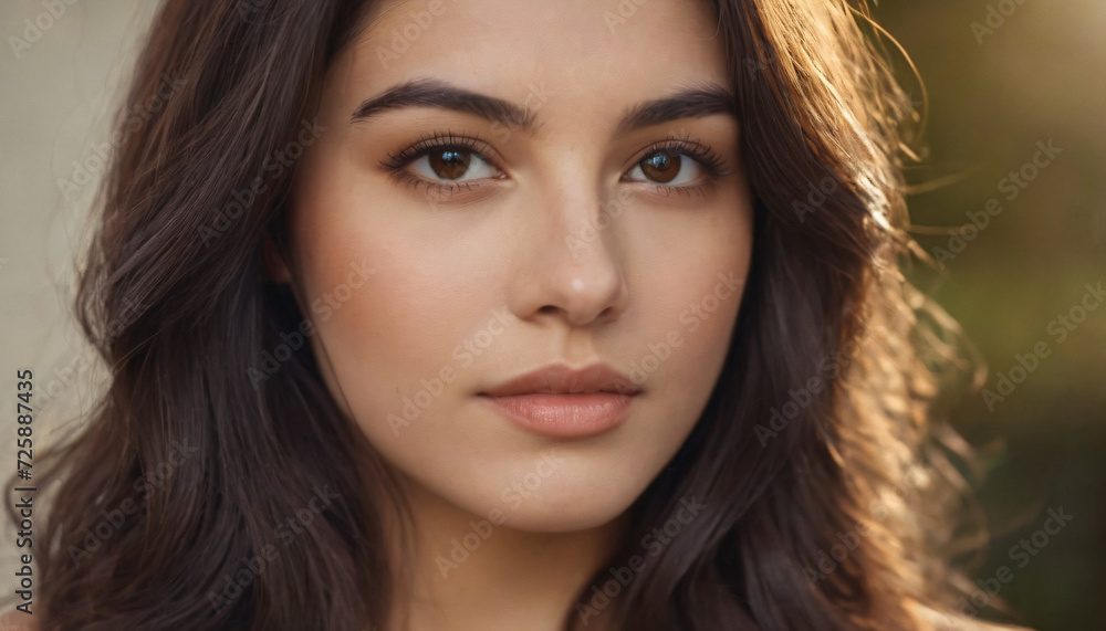 Young Brunette with Long Straight Hair and Expressive Brown Eyes, Deep Thoughtful Gaze Young Brunette with Long Straight Hair and Expressive Brown Eyes, Deep Thoughtful Gaze