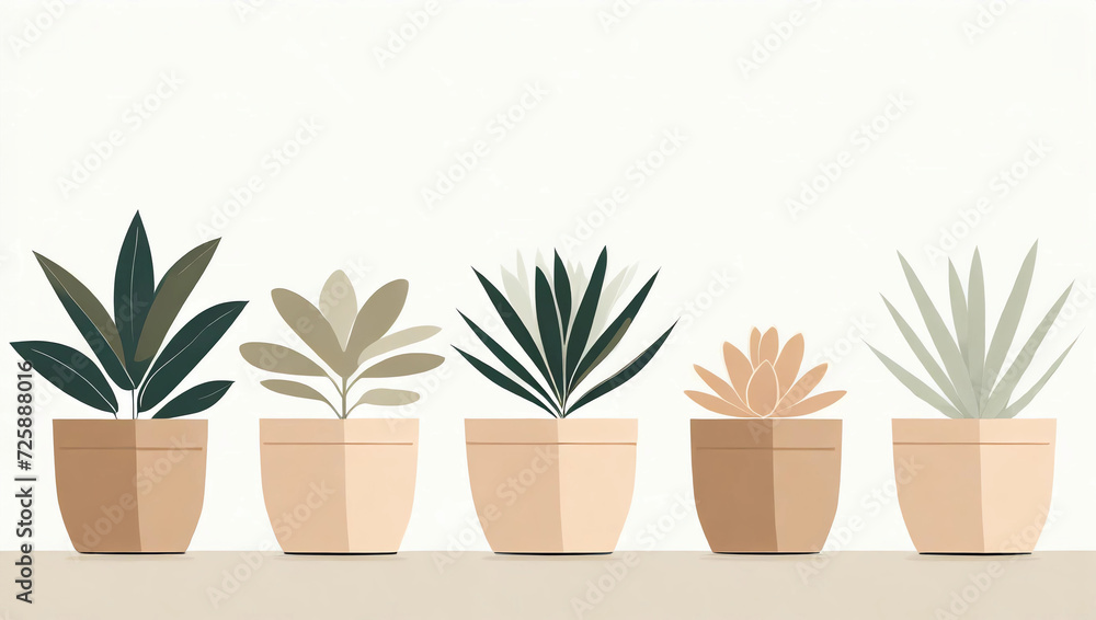Fototapeta premium Group of houseplants in a row, flat style illustration in muted beige and green tones with copy space