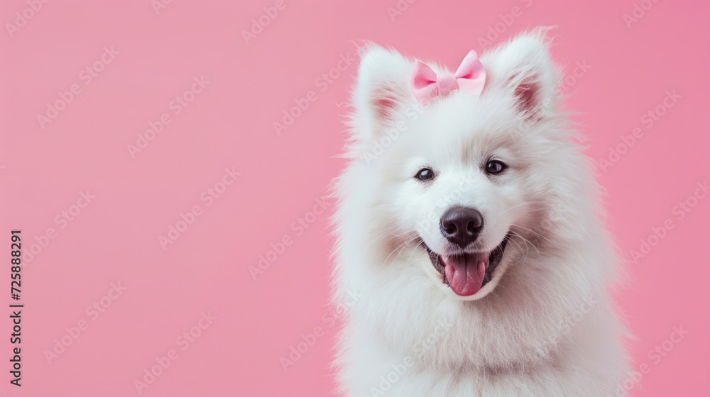 dog with pink bow on head, clean pink background