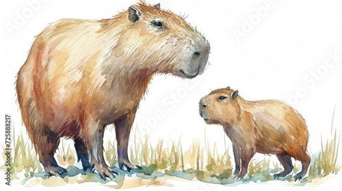 watercolor baby and mother capybara, isolated on white background