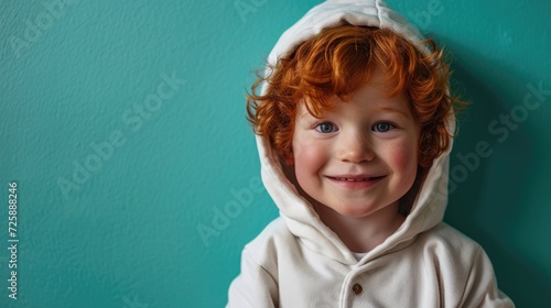 European boy toddler with ginger hair stay in white hoodie