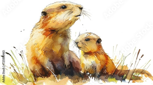 watercolor baby and mother Prairie dogs, isolated on white background photo
