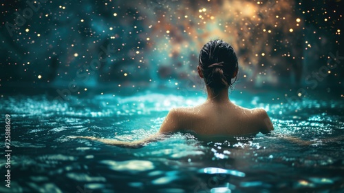 young woman bath in universe with stars  back view