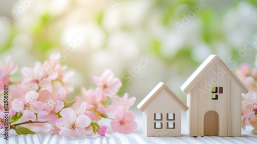 Sales banner with little wooden houses, spring decor, free copy space , clean background , aesthetic core --ar 16:9 --v 6 Job ID: 0aab6751-30fc-4fd3-89fd-613583a295e1