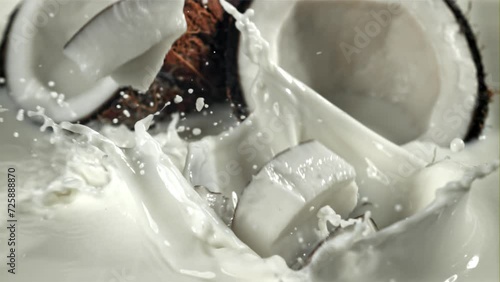 Pieces of coconut fall into the milk with splashes. Filmed on a high-speed camera at 1000 fps. High quality FullHD footage photo