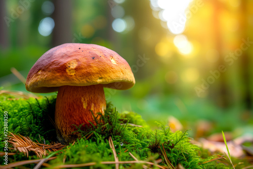 Golden sunset light illuminates a Boletus mushroom's cap within a verdant forest setting