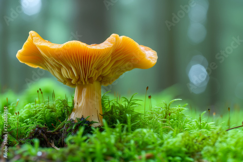 The gills of an orange Chanterelle mushroom are showcased in a side view against a backdrop of forest moss