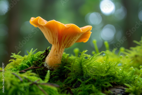 A solitary Chanterelle mushroom with a vibrant orange hue emerges amongst lush green moss in the forest
