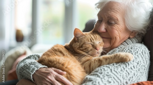 portrait of senior woman holding cat,indoor shoot female hugging her pet	
