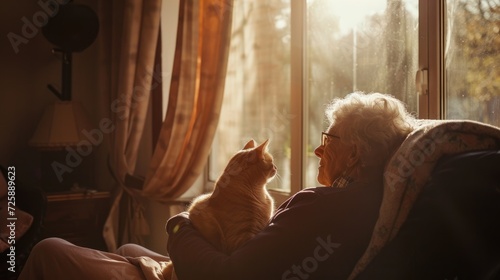 portrait of senior woman holding cat indoor shoot female hugging her pet  