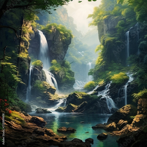 A picturesque place with a waterfall in the forest among the mountains