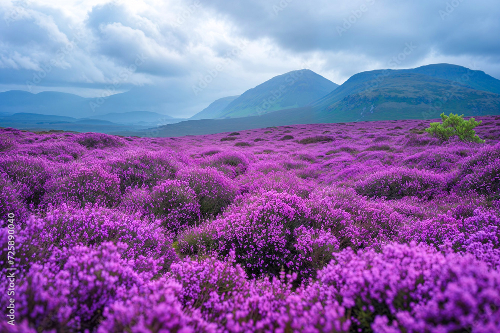 Fototapeta premium Vast field of purple Scottish heather flowers, overcast, Scotland landscape