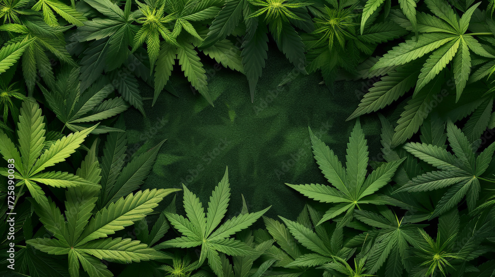 Dense cannabis leaves creating a natural green backdrop. - obrazy, fototapety, plakaty 