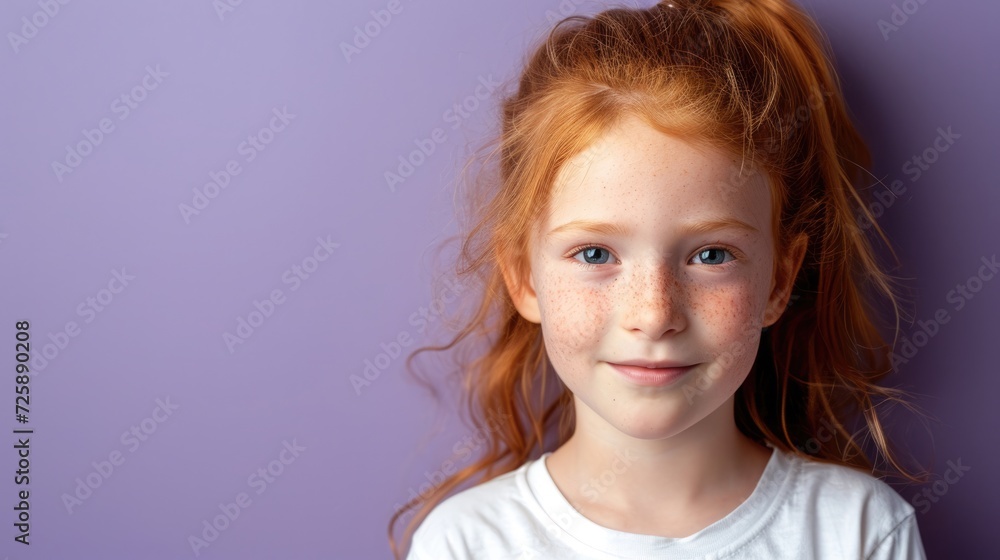 little girl with ginger hair in white t shirt, violet background little girl with ginger hair in white t shirt, violet background