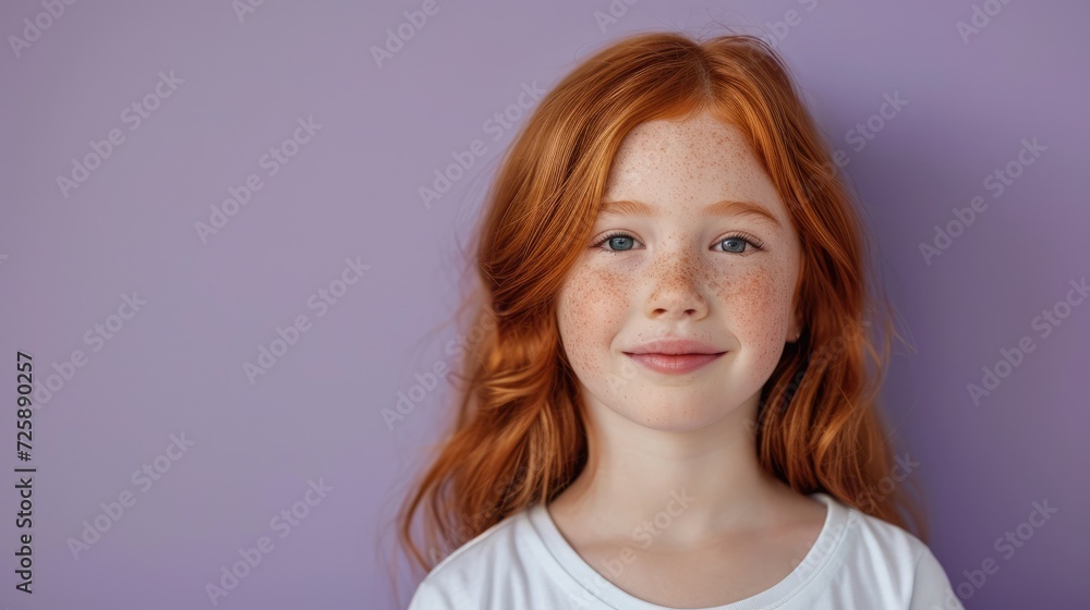 little girl with ginger hair in white t shirt, violet background little girl with ginger hair in white t shirt, violet background