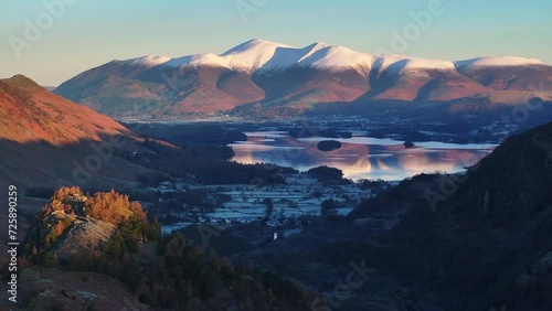 Aerial footage of Derwentwater, Borrowdale valley and the Skiddaw mountain range, Keswick, Lake District National Park, Cumbria, England, United Kingdom photo