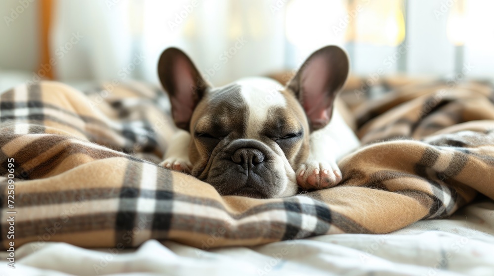 cute cheerful french bulldog puppy, sleep relaxed on checkered plaid