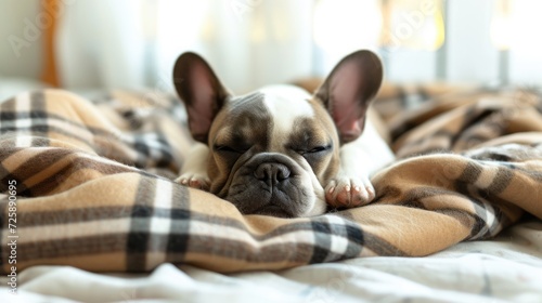 cute cheerful french bulldog puppy, sleep relaxed on checkered plaid © Maryna