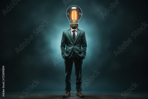 Businessman with light bulb head in suit and tie.