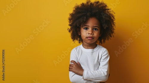 afro american smiling boy with curly hair stay in white long sleeve