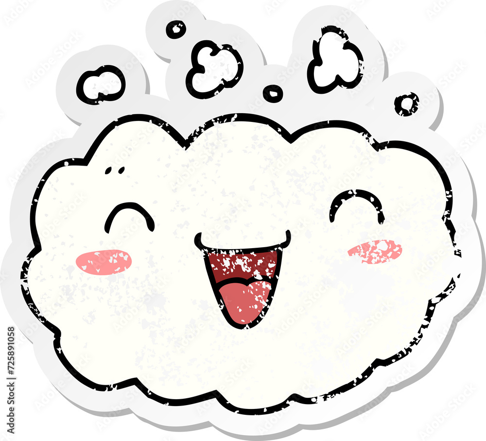 distressed sticker of a happy cartoon cloud