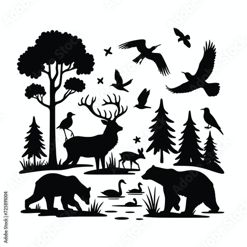  Wildlife Silhouette with Diverse Forest Animals and Birds