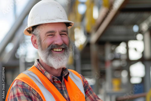 Middle age man architect smiling confident. Portrait of smiling middle aged bearded supervisor in hardhat on building site. Structural engineer or architect monitors the progress of the work on constr